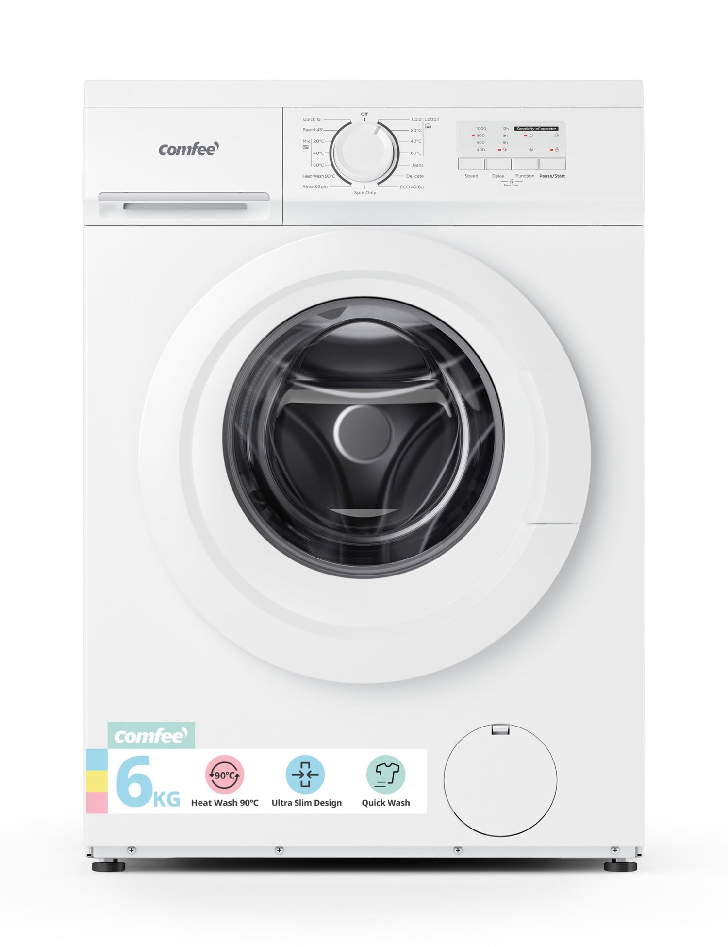 COMFEE' Freestanding Washing Machine,6KG Load,Heat Wash 90℃,Quick Wash,15 Washing Programs,White-CFE10EW60/W
