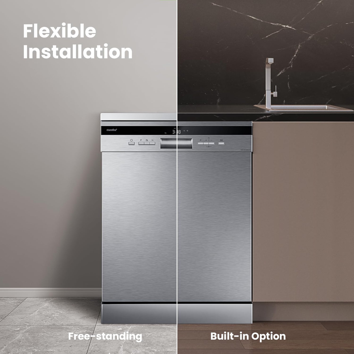 COMFEE' Freestanding Dishwasher FD1435E-X with 14 place settings, Full Size, Whisper Quiet 44dB